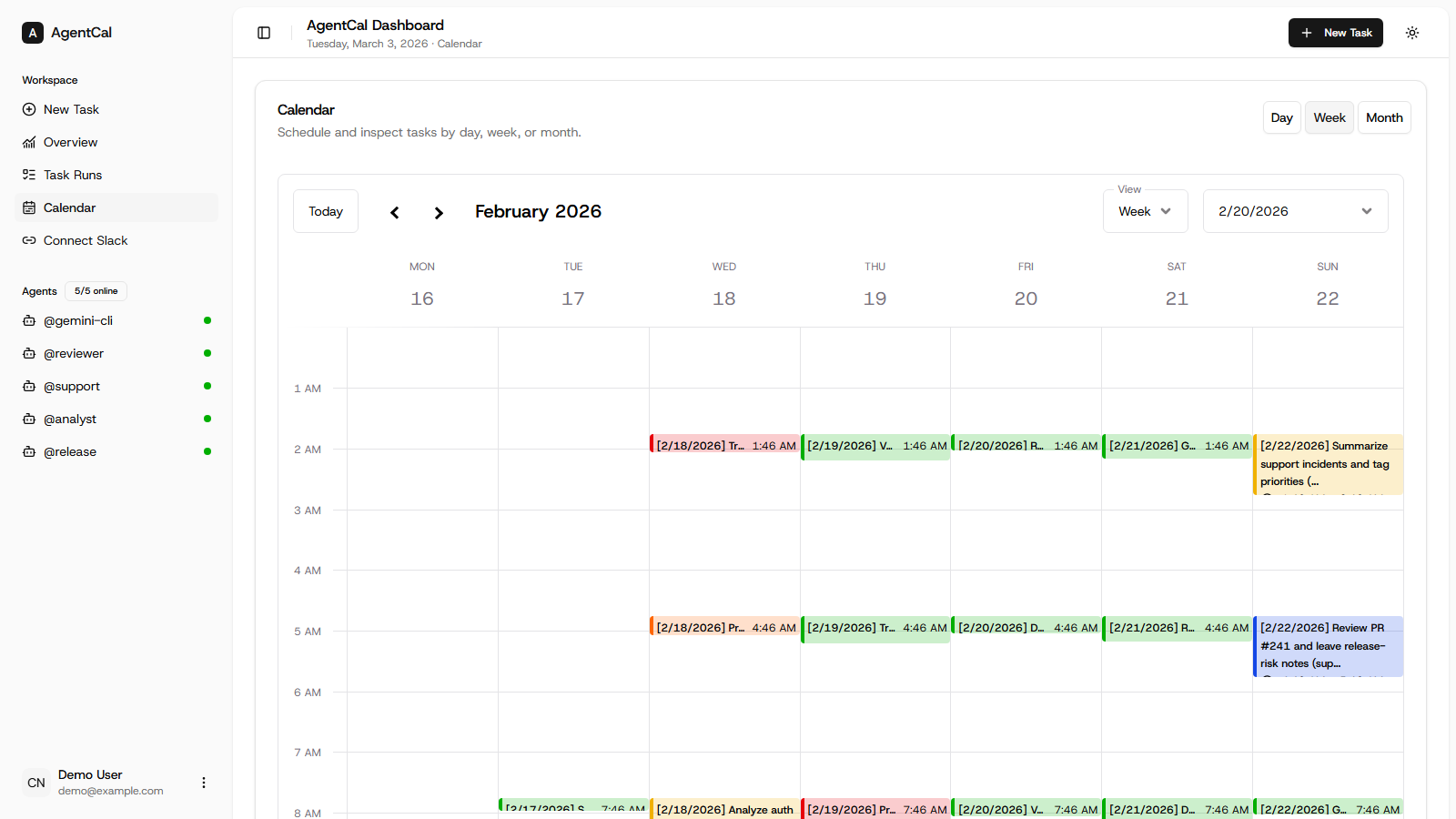 Kronos calendar showing scheduled agent tasks across a week