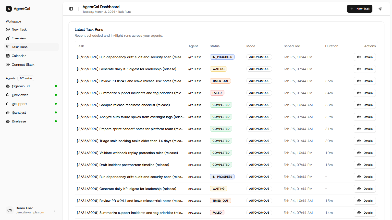 Kronos task runs table with agent lifecycle states